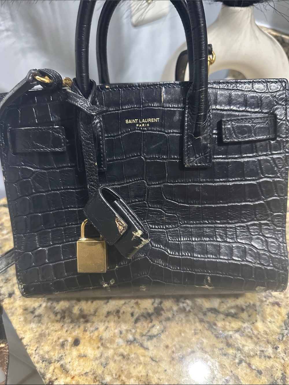 Saint Laurent Black Croc-Embossed Top Handle Satchel with Gold Hardware